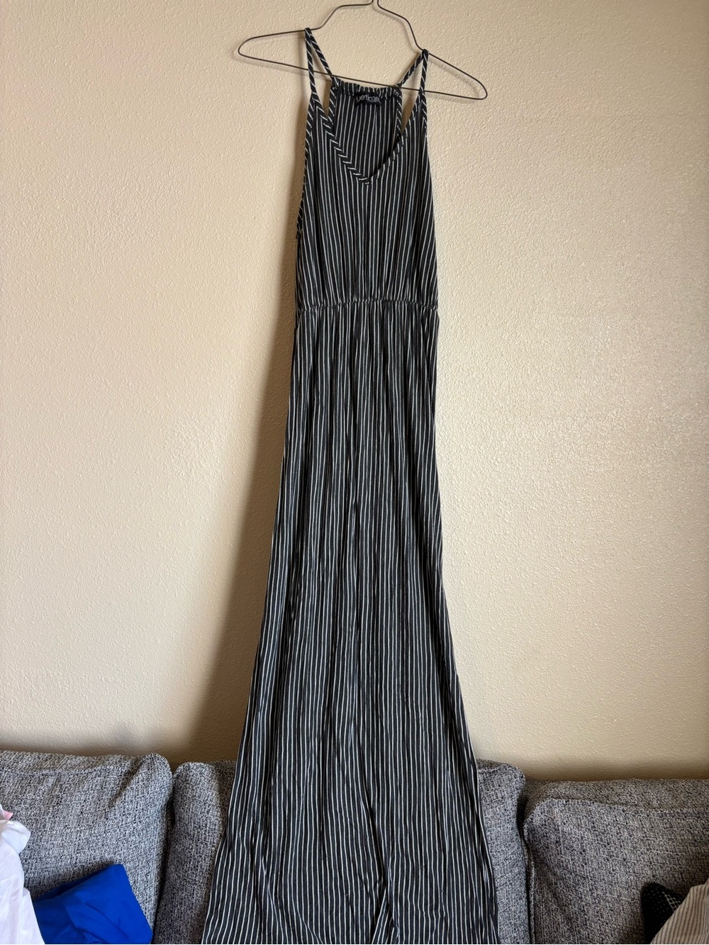 Black and White Striped Maxi Dress with V-Neck and Thin Straps